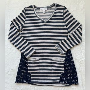 French‎ Laundry Top Women’s Medium Blue Striped Tunic Long Sleeve Cotton blend